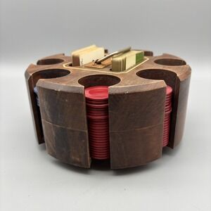 Vintage Round 7.5" Wood 8 Rack Poker Chip‎ Holder Caddy, Chips And Vintage Cards